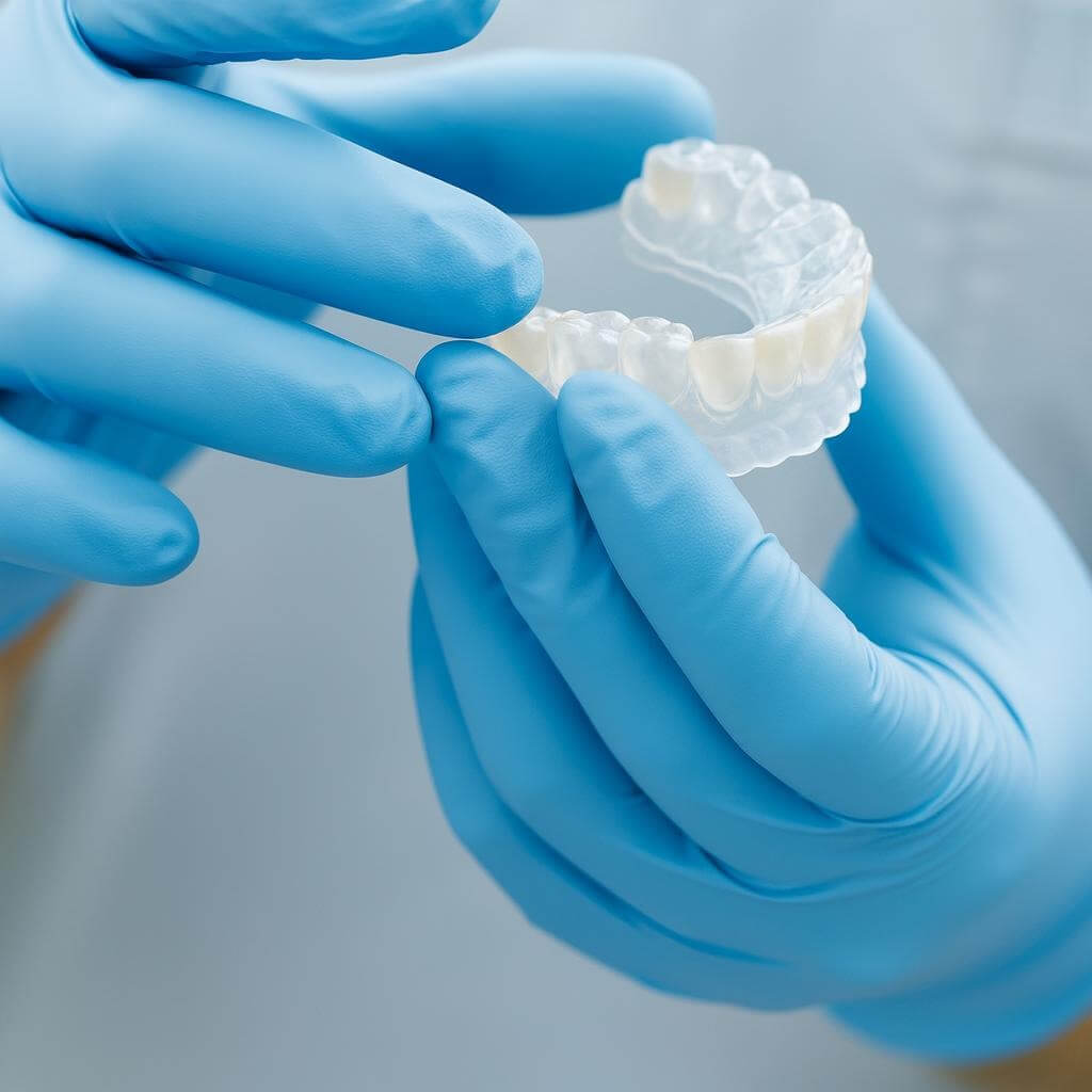 Behandschuhte Hände halten eine transparente Zahnschiene